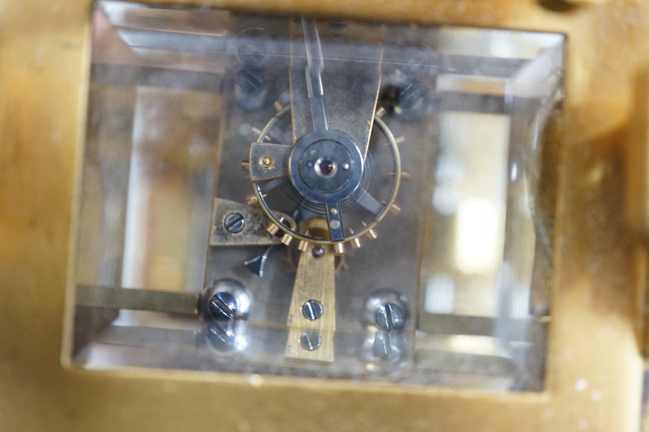 A 19th century French brass eight day carriage clock with alarm,. 12cm tall